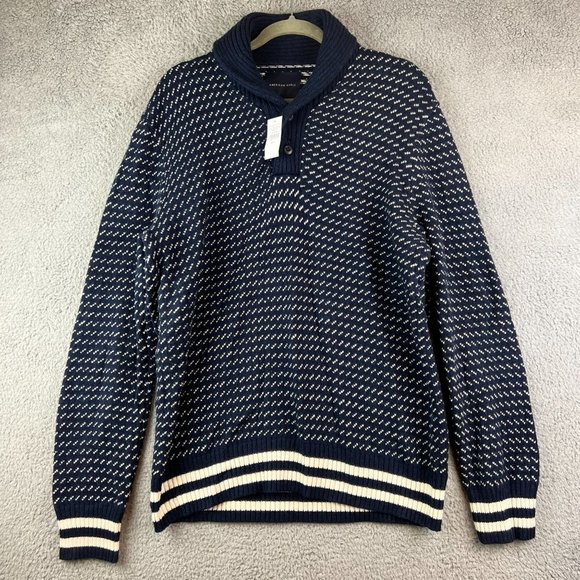 New American Eagle Mens Shawl Neck Sweater Size L Blue Pullover